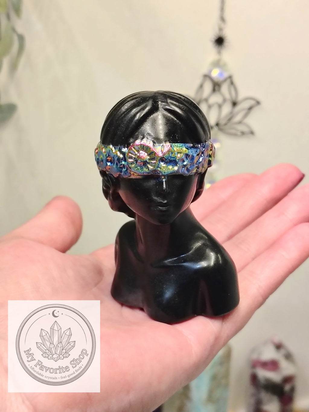 Black Obsidian Goddess Busts with Aura-Coated Blindfolds
