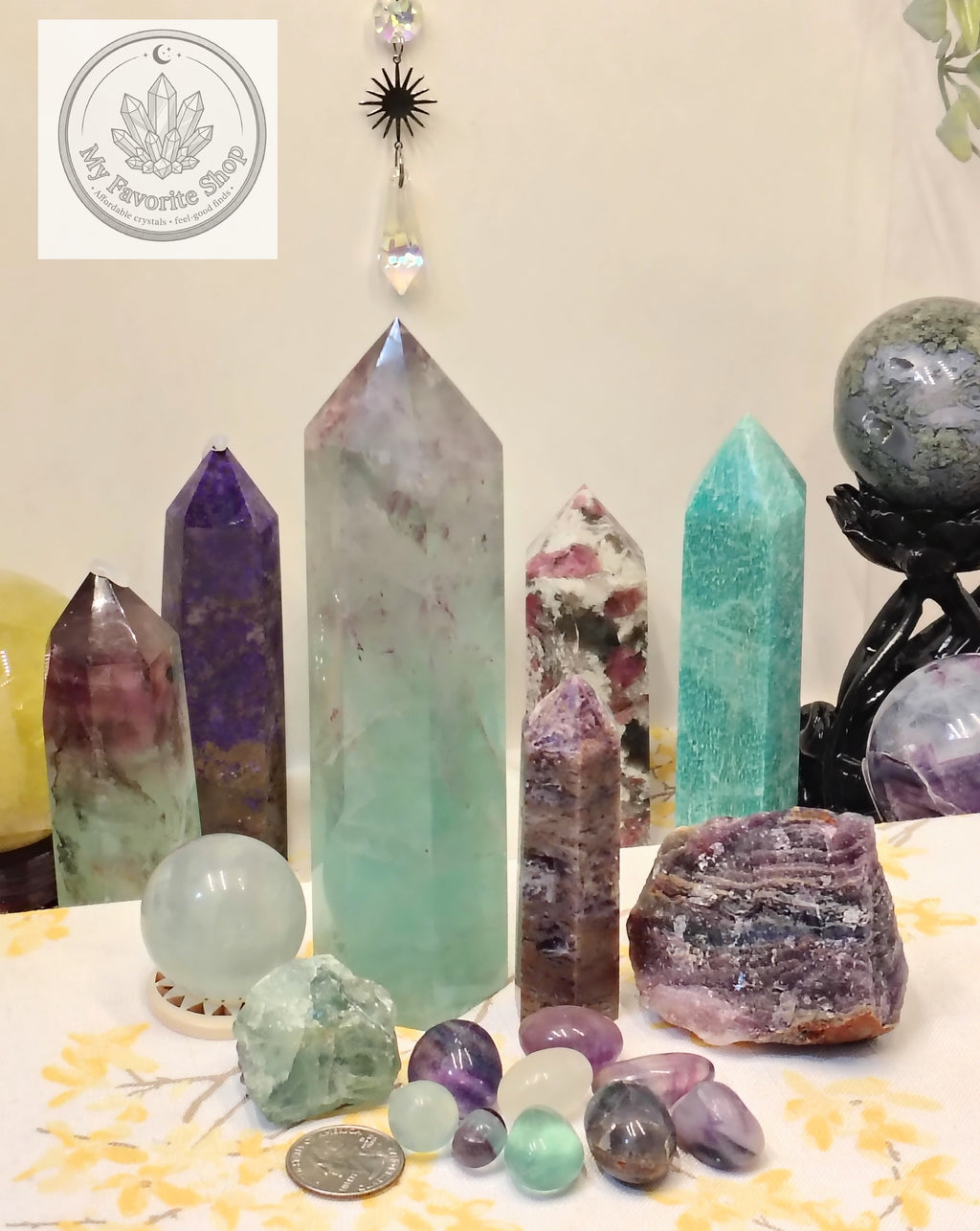 Fluorite Collector’s Set – Towers, Sphere, Raw Stones & Tumbles