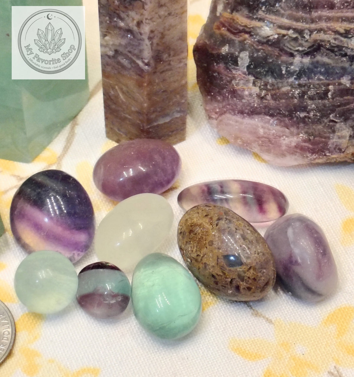 Fluorite Collector’s Set – Towers, Sphere, Raw Stones & Tumbles