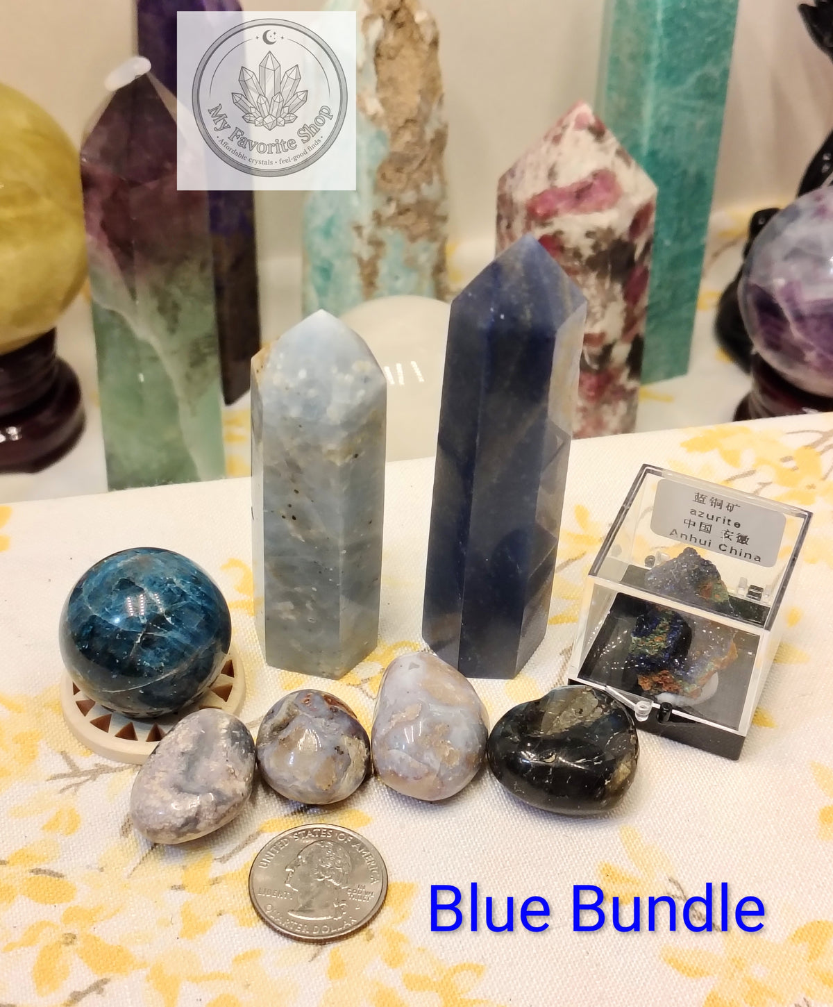 Blue Crystal Bundle – Points, Apatite Sphere & Labradorite Heart